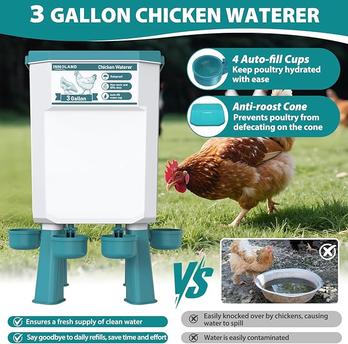 Chicken Feeder and Waterer Set - 2.8 Gallon/26 Pounds, Automatic Chicken Waterer with 4 Cups & 3 Feeder Ports, No Waste Poultry Feeders & Waterers, Chicken Coop Accessories for Hens/Ducks/Poultry