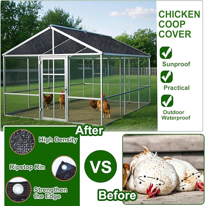 Black Chicken Coop Shade Cover, 11.5 * 6.6 FT UV 90% Shade Cloth with 20 Pcs Ball Bungees Cords, Chicken Cage Cover Chicken Run Sun Shade Mesh with Grommets for Outdoor Patio Garden Plants