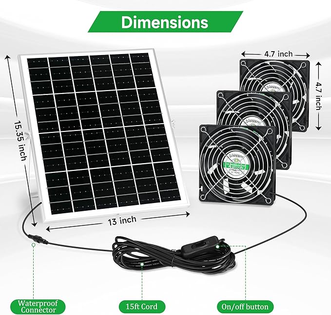 Solar 3 Fan Kit for Intake or Exhaust air, Weatherproofed Solar Powered Fans for Outside Chicken Coops, Greenhouses, Shed, Pet House Air Ventilation