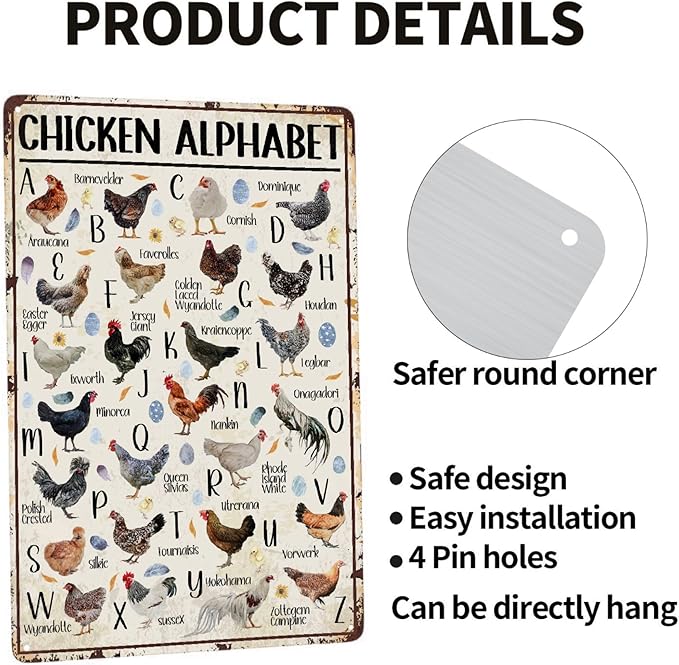 JOCASA Chicken Alphabet Vintage Metal Poster Farm Sign Decor-Retro Aluminum Metal Tin Sign for Home Wall Decor, Kitchen Farmhouse Country Farm Barn, Chicken Coop Outdoor Wall Signs Gift,12''x 8''