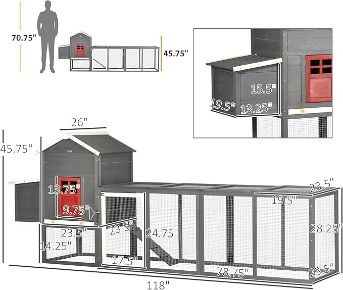 PawHut 118" Extra Large Chicken Coop with Asphalt Roof, Wooden Hen Run with Slide-Out Tray and Nesting Box, Chicken Hutch for 3-6 Chickens, Gray