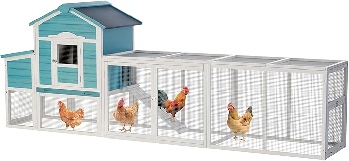 121" Large Chicken Coop with Nesting Box,Wooden Hen House W/Ramp & Sliding Trays,Waterproof Poultry Cage W/Sloped Asphalt Roof & Lockable Door,Poultry Cage for Small to Medium Pets,Blue