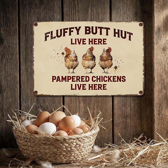 Funny Chicken Metal Sign Outdoor, Aluminum Farmhouse Wall Decor for Coop Door or Yard Area, Fluffy Humor Country Living Style, Rustic 8x12 Inch Gift