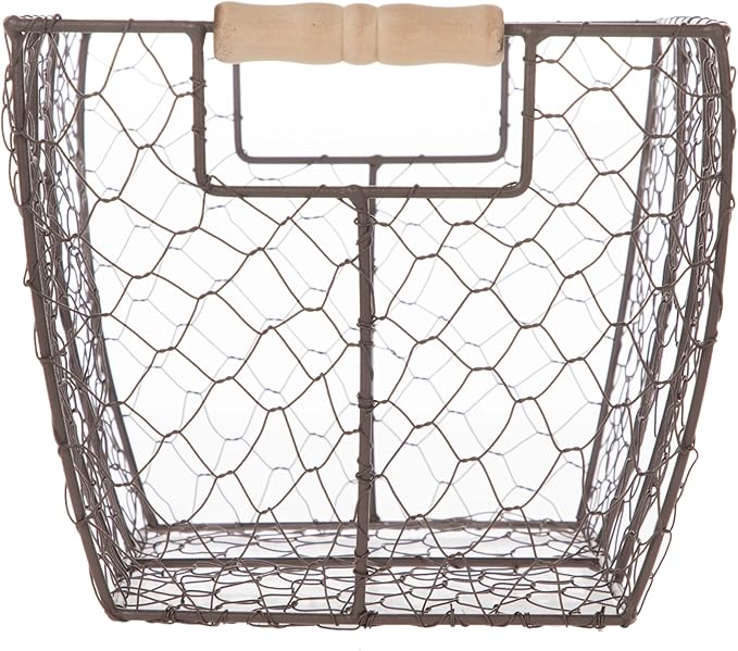 2-Pack Decorative Brown Chicken Wire Baskets with Wooden Handles – Multi-Purpose Storage, 12.2" L x 8" W x 7.28" H