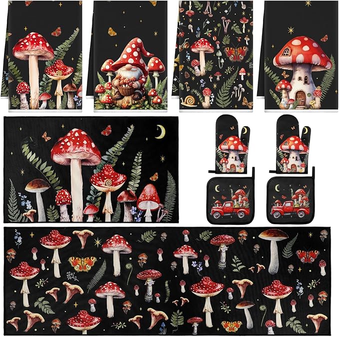 10 Pcs Kitchen Dish Towels Rugs Oven Mitts and Pot Holders Set Farmhouse Kitchen Decor Set for Women Mom Daughter Gift Cooking Baking Grilling(Dark Colors,Mushroom)