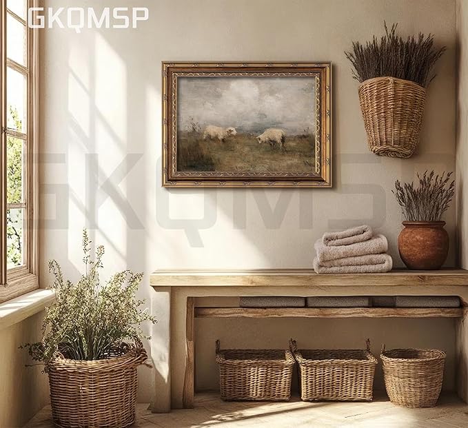 Vintage Gold Framed Farmhouse Animal Wall Art Retro Country Sheep Oil Painting Wall Decor Farm lamb Canvas Prints Retro Rustic Poster Artwork for home decor kitchen Living Bedroom 12x16in