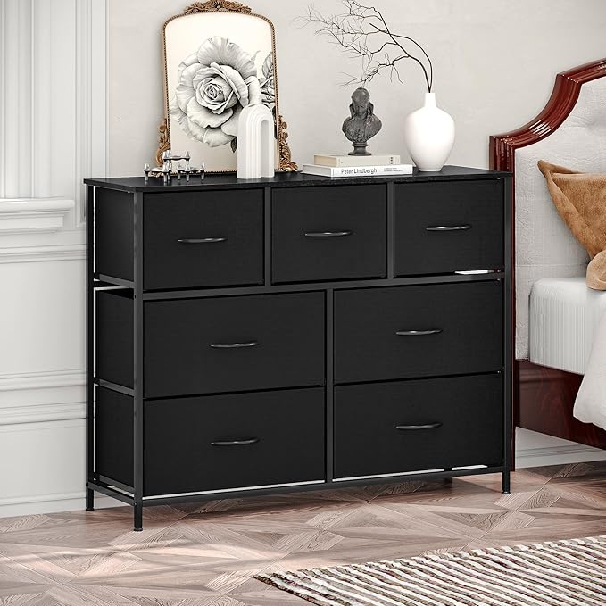 WelFurGeer 7-Drawer Fabric Dresser with Metal Frame, Dressers & Chests of Drawers, White Chest of Drawers for Bedroom, Hallway, Entryway, Closets, Kids Room Organization, Black