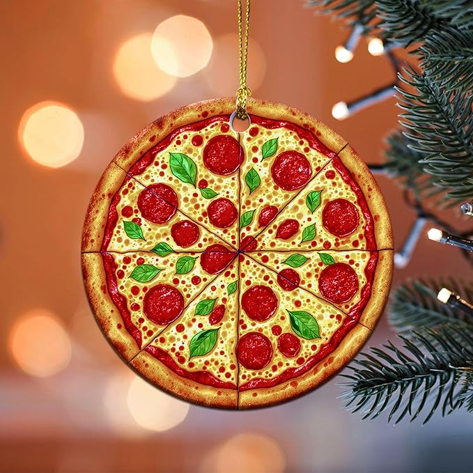Pizza Ornaments for Christmas Tree - Pizza Gifts for Food Lovers, Women, Men - Food Ornaments for Christmas Tree - Pepperoni Lovers Ceramic Ornament
