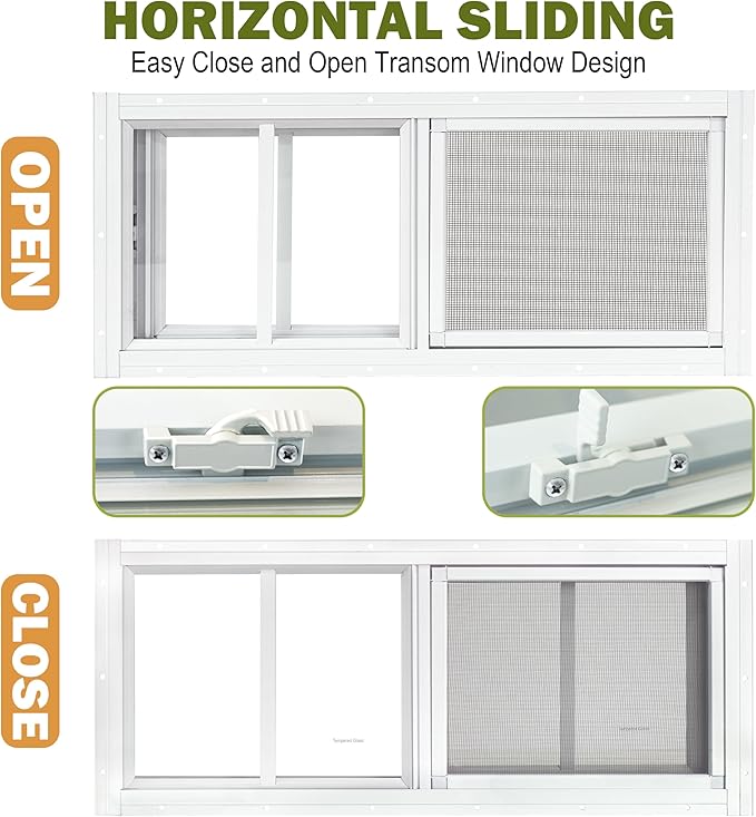 2 Pack Shed Windows, 12"x 29" White Sliding Window Suitable for Chicken Coop, shed, Household, Barn - Transom Window with Tempered Glass and Fiberglass Screen (WH,12''x 29'')