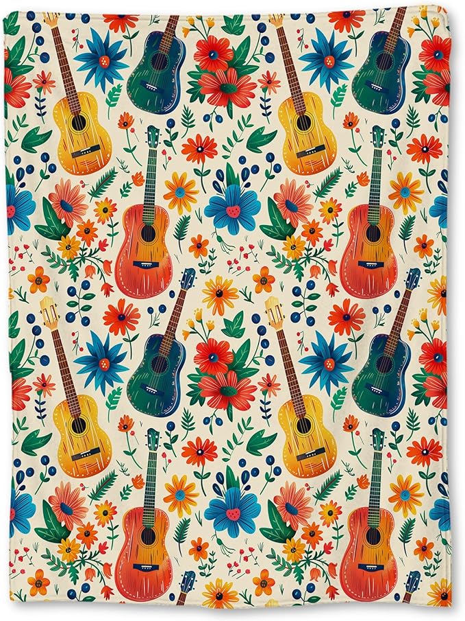 Vibrant Guitar and Floral Blanket, Soft Flannel Colorful Throw for Couch, Bed, Travel & Home Decor, Cozy Lightweight Warm Fluffy Fuzzy Blankets for Adults Kids Women Music Lovers 60×50 in