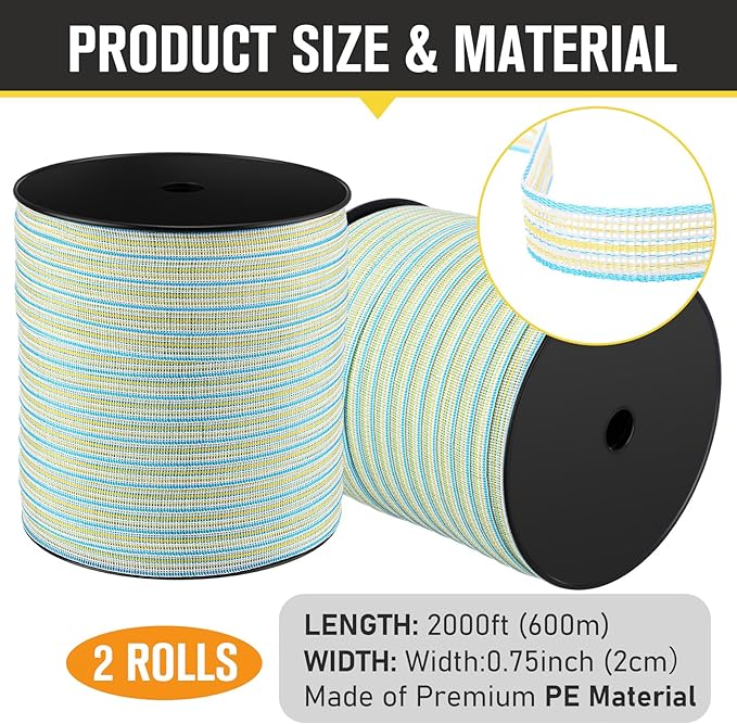 1 Roll 3/4 Inch x 2000 ft Electric Fence Tape for Livestock Polytape Fencing Horse Fence with High Visibility(Green)