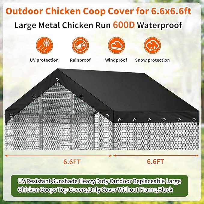 Chicken Coop Cover for 6.56x6.56ft Chicken Run 600D Waterproof Weatherproof Chicken Coops Covers UV Resistant Sunshade Heavy Duty Outdoor Replaceable Large Chicken Pen Top Covers,Only Cover,Black