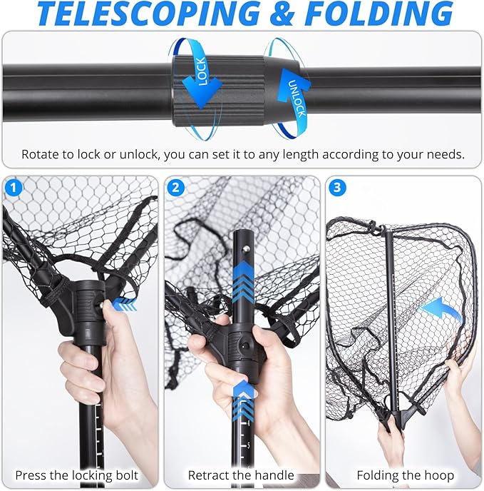 Large Telescoping Fishing Net, Folding Landing Net with Long Handle, Rubber Netting, Lightweight, Length 56″-75″, Hoop Size 20″ x 19″, Depth 20″, 25 lbs. Capacity