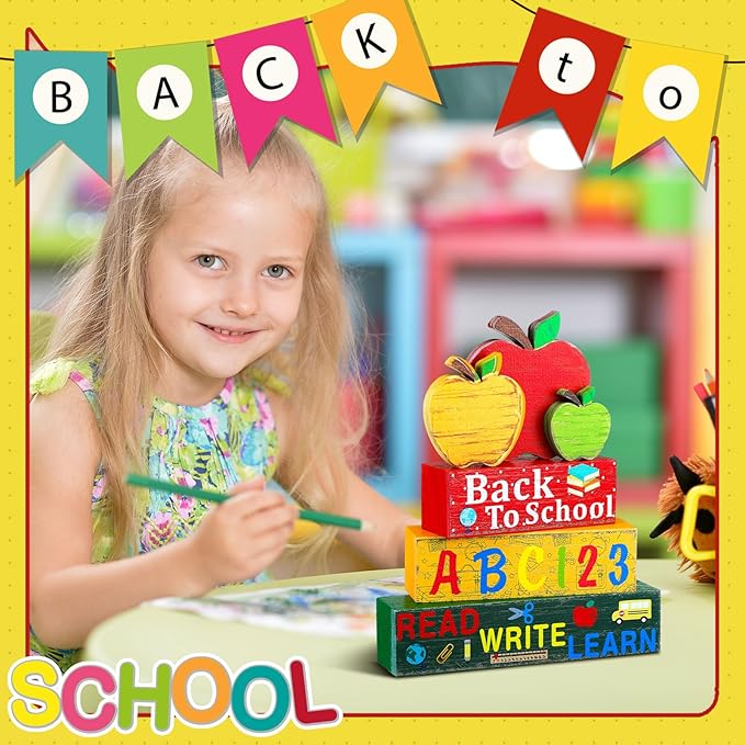Geelin 4 Pcs Back to School Wooden Decor Apple Tiered Tray Decor Mini Wood Book Stacks Pencil Decorative Books Rustic Farmhouse Signs with Tag for Tiered Tray First Day of School Students