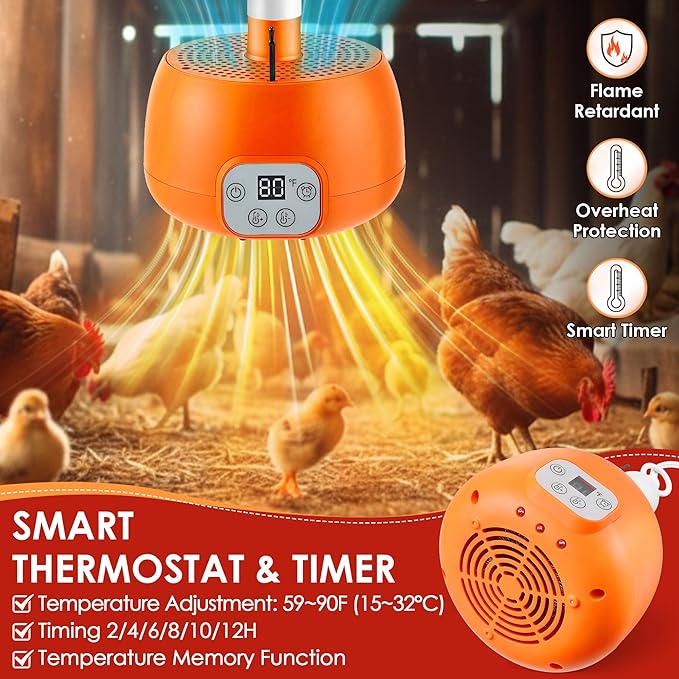 Enhon Chicken Coop Heater, 400W Heat Lamp for Chickens, Smart Chicken Brooder Heater with Thermostat & Timer, 5 Ft Extra Long Cable Heating Lamp for Chicks Ducks Dogs Cats Reptiles, No Remote