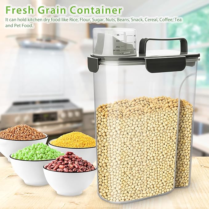 Rice Storage Container, 5 to 10lb Dry Food Airtight Dispenser, Pet Dog Cat Food Canister, BPA Free Clear Plastic Kitchen and Pantry Bin for Oatmeal, Cereal, Pasta, Flour Pack of 2 Grey