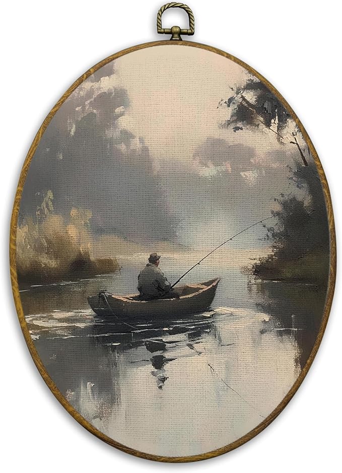 CUANFDDSF Vintage Fishing Oval Wall Art Decor, Rustic Fisherman Wall Hanging Decor, Farmhouse Countryside Landscape Fisherman Framed Canvas Prints for Home Bedroom Living Room, 8.6x11.4 Inch
