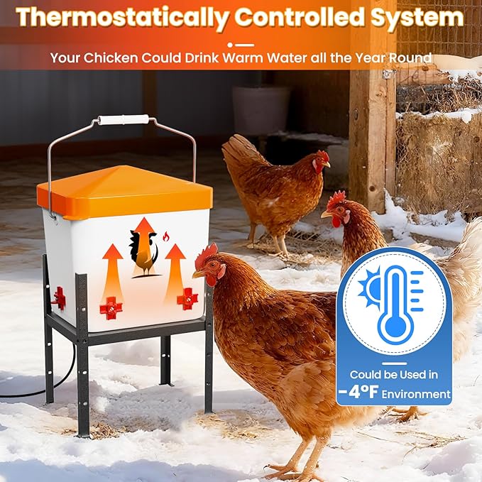 Heated Chicken Waterer, Poultry Water Heater for Winter with 4-Nipple, Thermostatically Controlled, 4 Adjustable Heights, Anti-Freezing Watering System for Coop Accessories (Orange, 7L)