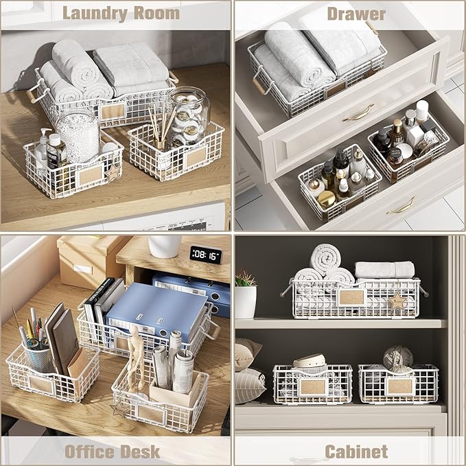 Bathroom Organizers and Storage, 3 Pack Storage Baskets for Shelves, Multipurpose Bins Organizer with Wooden Handles, Decorative Organizer Baskets Set for Bathroom, Laundry, Living Room - White