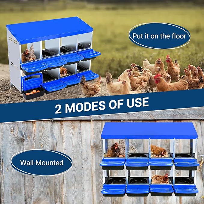 Nesting Boxes for Chickens, 8 Compartments Chicken Nesting Box, Chicken Laying Boxes with Lid Cover, Roll Away Nesting Box for Chickens Laying Egg, Blue