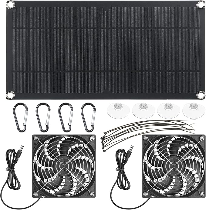 10w 12v Solar Panel Dual Fans Kit Waterproof Outdoor Solar Powered Exhaust Ventilation Fan Dual USB Portable Solar Attic Fan for Chicken Coop Greenhouse Shed PET Houses Window (1 Set)
