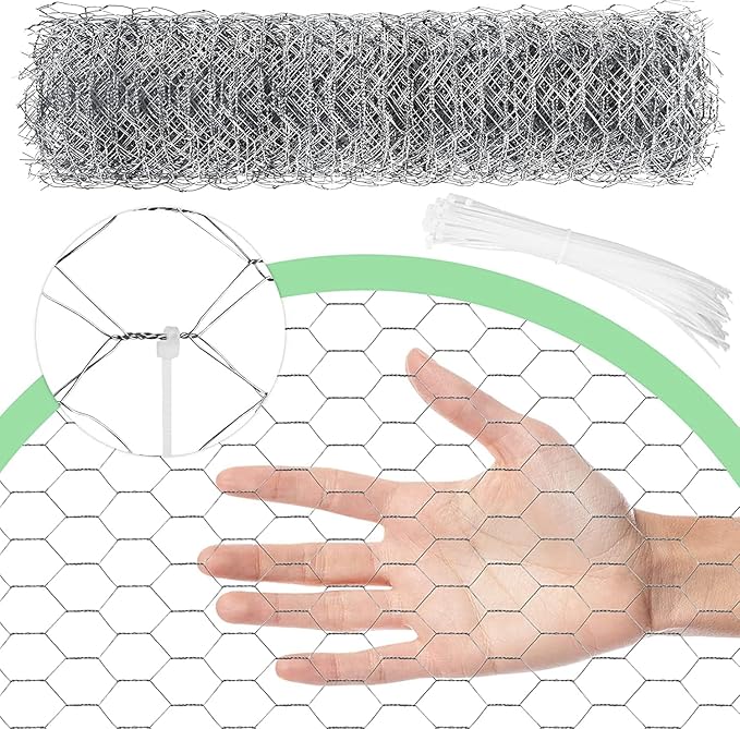 Chicken Wire 16.9 in x 237 in Poultry Wire Netting Hexagonal Galvanized Mesh Garden Fence Barrier for Pet Rabbit Chicken Fencing with 100 Pcs Cable Zip Ties