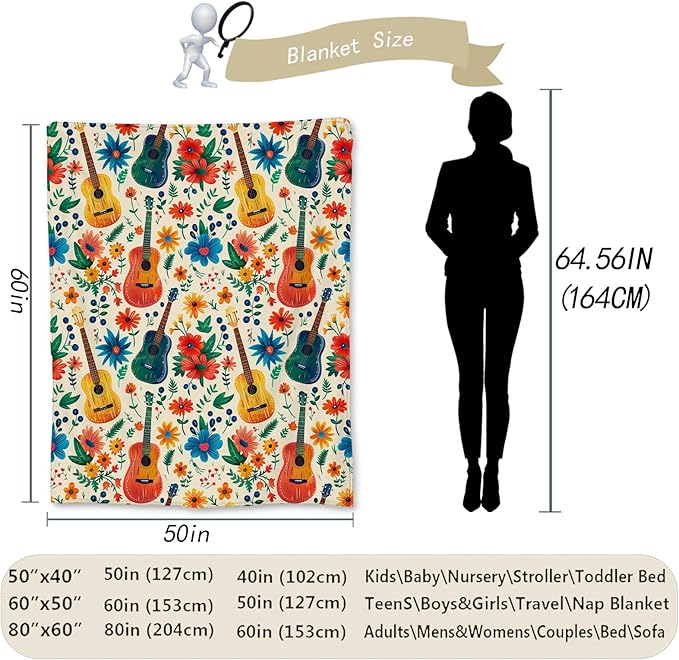 Vibrant Guitar and Floral Blanket, Soft Flannel Colorful Throw for Couch, Bed, Travel & Home Decor, Cozy Lightweight Warm Fluffy Fuzzy Blankets for Adults Kids Women Music Lovers 80×60 in
