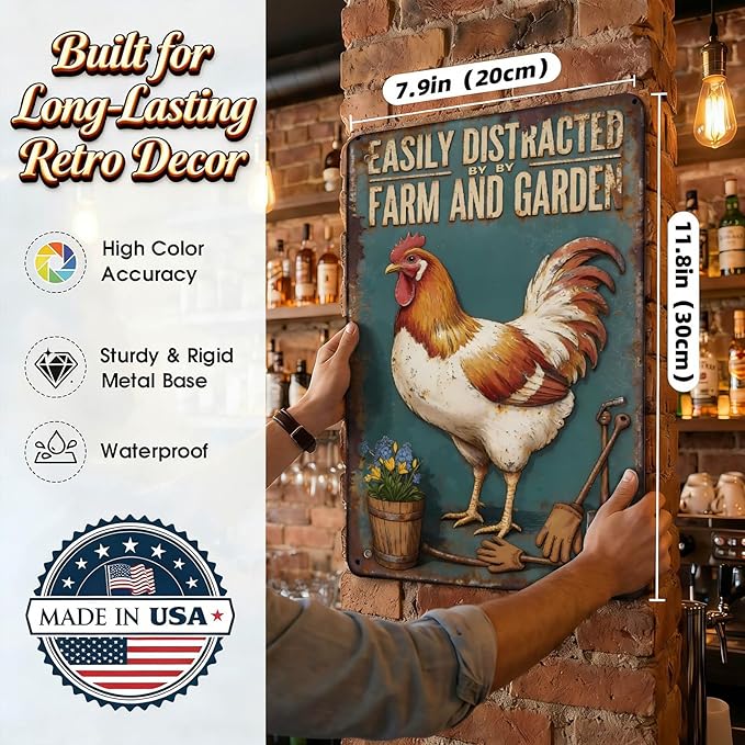 Vintage Metal Tin Signs Rustic Farm Rooster And Garden Tools Decor For Kitchen Or Barn 8 X 12 Inches8 x12 inch