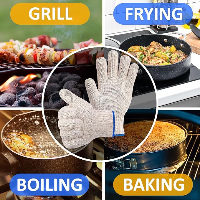2 Pairs Heat Resistant Gloves for Grilling - 9.45 Inch Durable Aramid Oven Gloves with Fingers - Full Hand Protection, Functionality, Easy to Use, Multipurpose for Baking, Roasting, Frying, and More
