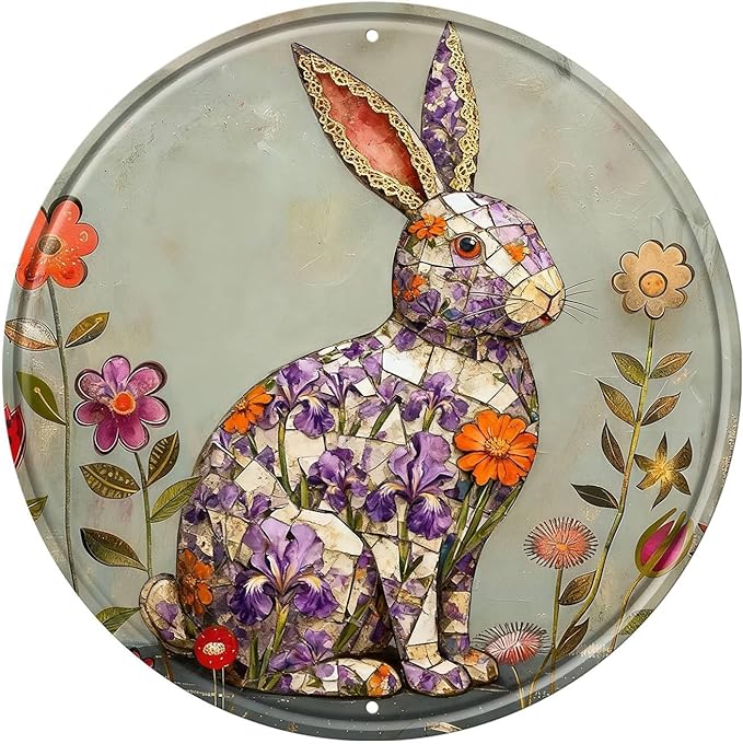 Rabbit Round Metal Tin Sign Wreath Farm Flowers Rustic Vintage Wall Art Decor for Home Garden Porch Yard Farmhouse Outdoor Decor 12x12inch