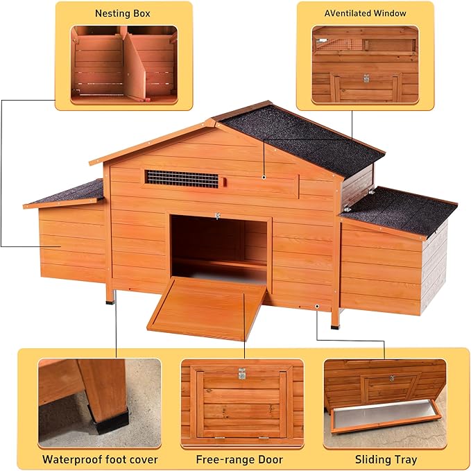 Wooden Chicken Coop for 2-4 Chickens with Nesting Box, 69.9" Large Chicken House Poultry Pet Hutch with Waterproof Roof, Outdoor Chicken Tractor with Secure Lock and Pull-Out Tray, Natural