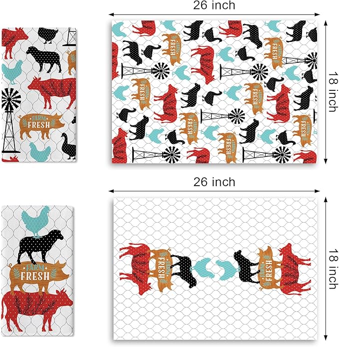 Farm Fresh Animals Kitchen Dish Towels Set of 2, Vintage Farmhouse Cow Pig Sheep Chicken Duck Barn Drying Hand Towel Baking Cooking Cloth, Rustic Country Windmill Bathroom Home Decor 18'' x 26''