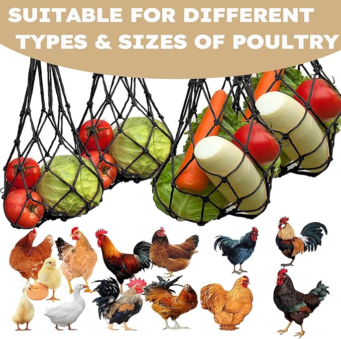 Chicken Vegetable Fruit Hanging Feeder 4Pcs, Reusable String Bag with Hook for Chicken Coop Toys, Poultry Feeding Tool for Hens,Duck,Goose(Black)