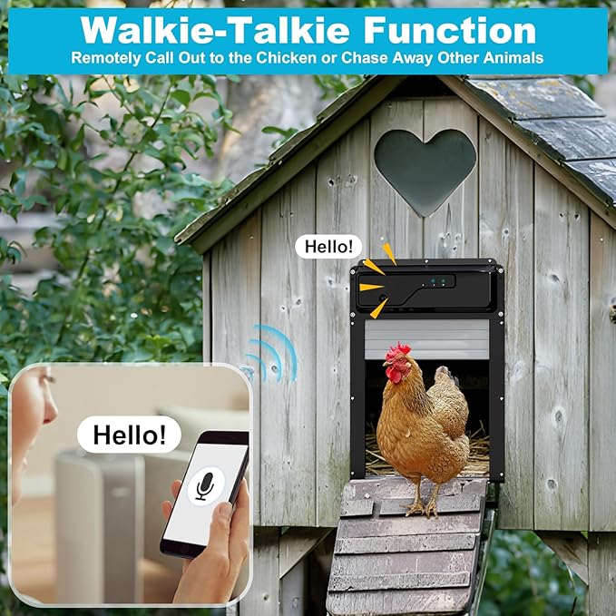 Automatic Chicken Coop Door with HD Camera, Talkback Function, 5000mAh Battery, WiFi Enabled, APP-Based Monitoring, Remote Control and Timer, Solar Powered Auto Chicken Door with Anti-Trap Sensor