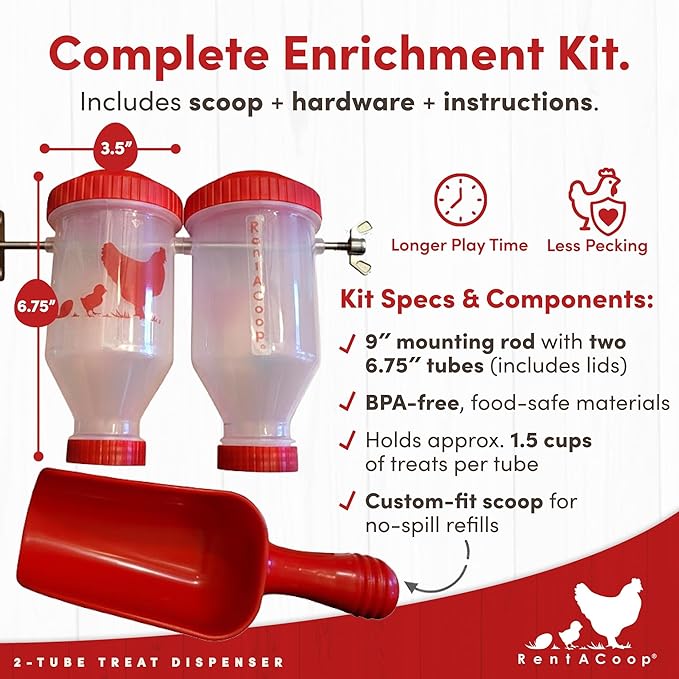 RentACoop Chicken Treat Dispenser – Multi-Treat Enrichment Toy and Boredom Buster for Chickens, Easy Top-Fill, Wall-Mounted Chicken Coop Accessory - Indoor/Outdoor