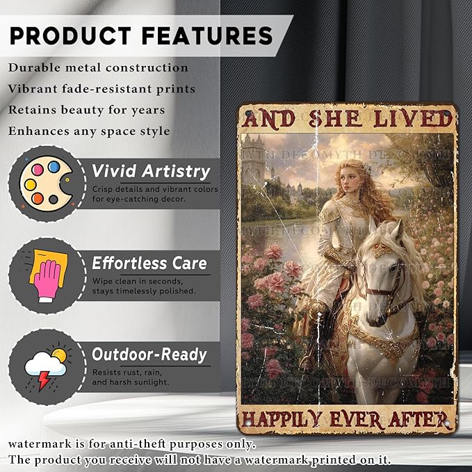 Vintage Horse Tin Sign And She Lived Happily Ever After Retro Girl Metal Poster Funny Pet Lovers Wall Art Cafe Wall Decor for Kitchen Office Garden Plaque Home Bar Plub Club Shop 12 * 8inch
