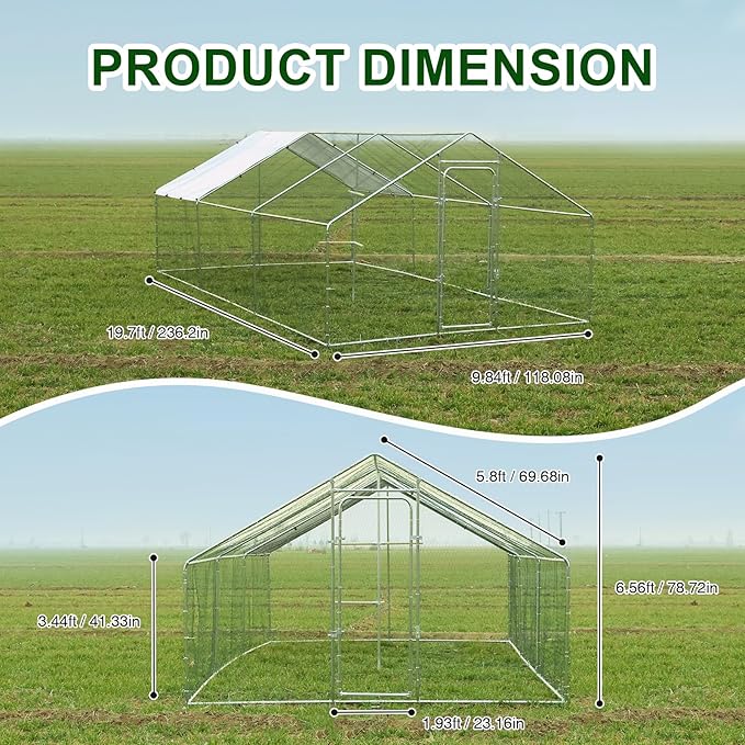 Chicken Coop Large Metal Chicken Run with Chicken Perch, Outdoor Dog Kennel with Roof Waterproof Anti-UV Cover Secure Lock for Outside Backyard Farm (19.7' L x 9.8' W x 6.72' H)