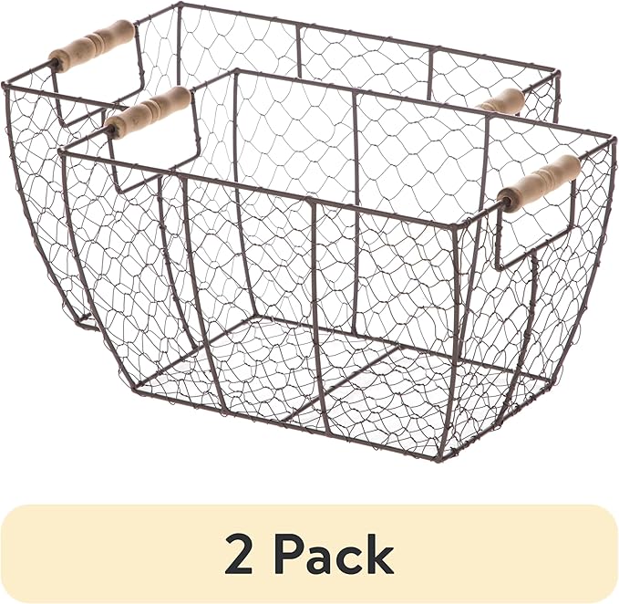 2-Pack Decorative Brown Chicken Wire Baskets with Wooden Handles – Multi-Purpose Storage, 12.2" L x 8" W x 7.28" H