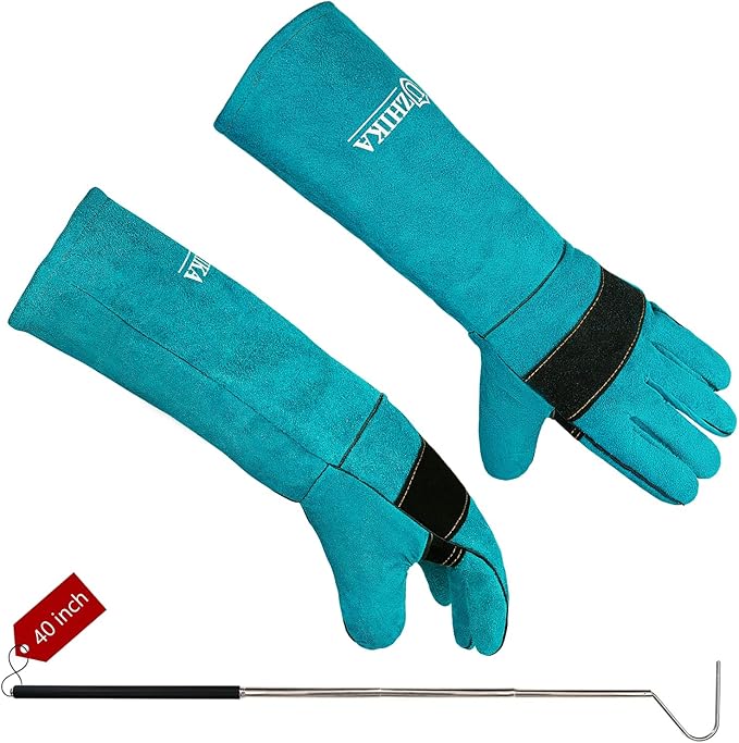 Animal Handling Glove Bite Proof Gloves Scratch Resistant for Grabbing Reptile, Grooming, Trips to Vet. Puncture for Cat Dog Bird Falcon Livestock Snake with 40inch Collapsible Snake Hook