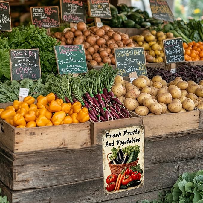 Vegetable Wall Decor Fresh Fruits And Vegetables Metal Tin Sign 12x8 Inch Funny Farmer's Market Tin Poster Retro Home Kitchen Garden Yard Restaurant Wall Decor