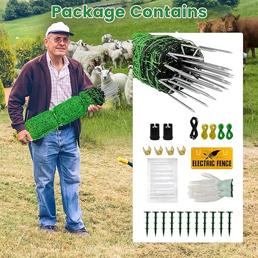 Electric Fence Netting, Portable Livestock Fencing for Sheep, Cattle, Net Fencing Kit with 14 Posts Double Spiked, Movable Poultry Netting for Backyards, Homesteaders, Farms Ranches (164 * 42.5)
