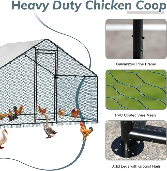 Outvita Chicken Coop, 6.5×10 FT Large Metal Chicken House, Poultry Habitat Cage with Waterproof Cover, Walk-in Chicken Run Pen for Small Animals Yard Farm Patio（Black Electrophoresis Process）