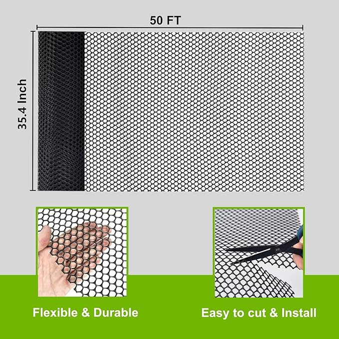 Plastic Wire Mesh Fence Roll, GENNIZZ 35.4IN x 50FT Plastic Chicken Wire Mesh, Balcony Garden Netting Fencing Barrier for Cat Dog (0.9m x 15m)