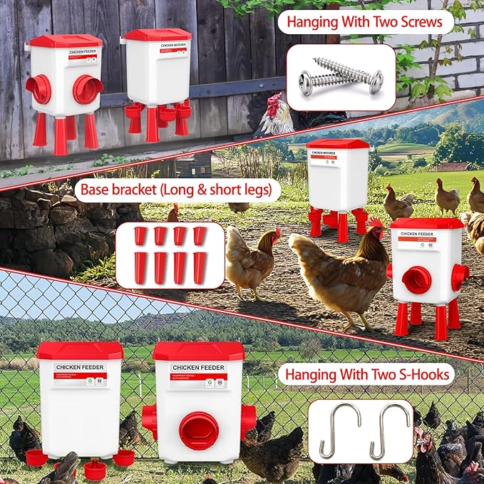 Chicken Feeder and Waterer Set, Chicken Coop Accessories with Hanging Chicken Feeder and Hanging Chicken Waterer Kit No Waste, 3 Gallon/26 Pounds, Red