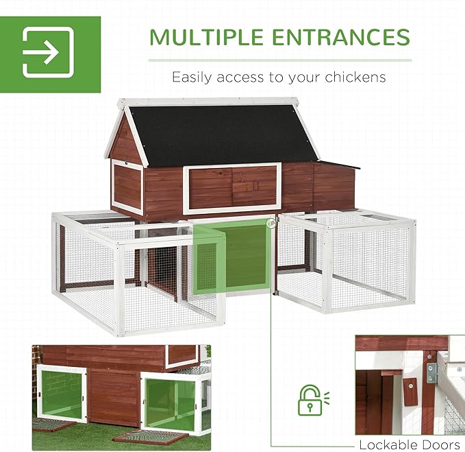 PawHut 114" Chicken Coop Wooden, Customizable Outdoor Chicken Cage Poultry Hen House with Nesting Box, Double Runs, Asphalt Roof, Ramp, for Garden Backyard