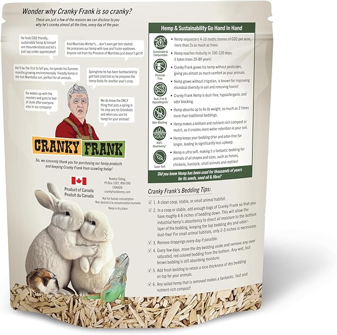 Cranky Frank Small Animal Hemp Bedding 10L – Ultra Absorbent, Odor Blocking, Dust-Free, Hypoallergenic, Biodegradable Bedding for Rabbits, Guinea Pigs, Hamsters & More (Small 10L)