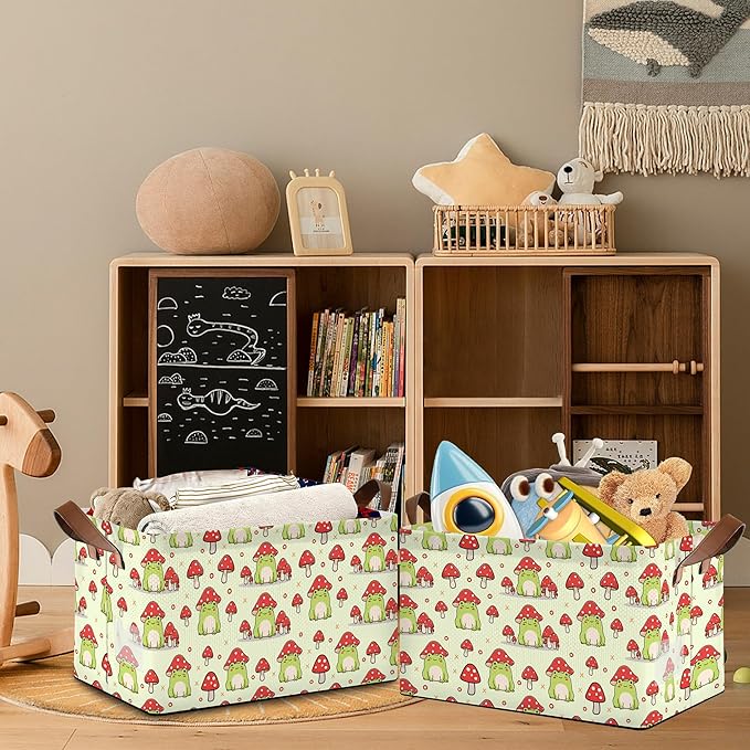 Cute Frog Storage Basket,Mushroom Collapsible Storage Bin Cubes for Living Room Bedroom Blankets Home Storage 17x11.5x10Inch