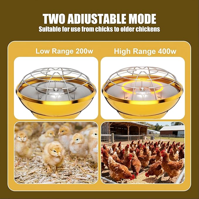 Large Heat Lamp for Chickens Coop, 400 Watt Chicken Coop Heater, Two-Stage Temperature Heat Lamp for Chicks, Carbon Fiber Heating Element for Chicks, Ducks, Poultry, Pets