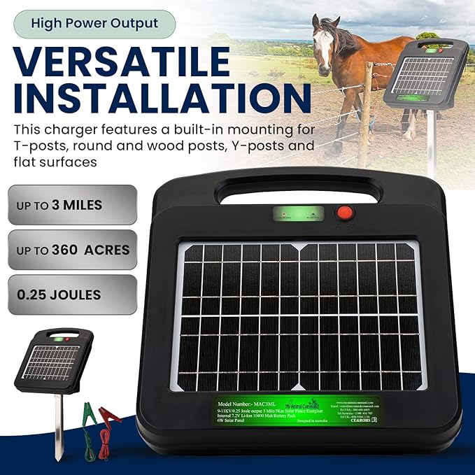 Solar Powered Electric Fence Charger 0.25 Joules Output (9-11KV) with Lithium Battery Energizer Containment & Protection of Livestock Horses Cattle Sheep Pets Easy Install