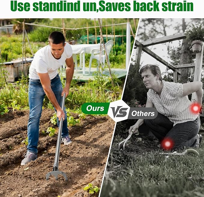 62" Hand Cultivator, 3-Tine Heavy Duty Long Handle Weeding Rakes with D-Handle for Gardens Raised Beds Orchards Small Farms and Harvesting Potatoes